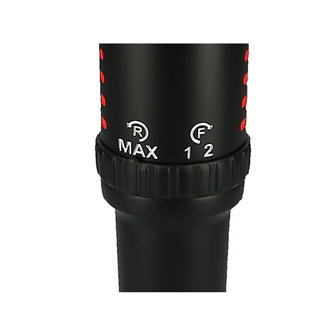 Nahe Detailaufnahme eines schwarzen metallischen Gerätes, mit weißen Beschriftungen: R, MAX, F, 1, 2, und roten Punkten. Die Oberfläche ist glatt.